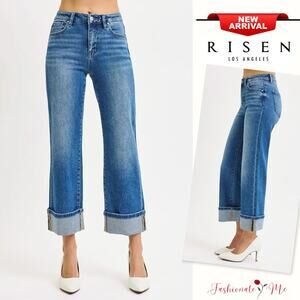 RISEN Mid Rise Waist Cuffed Hem Zip Fly Medium Washed Crop Straight Denim Jeans